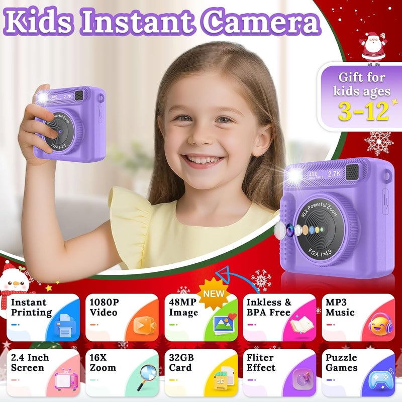 JPVERLY Kids Camera Instant Print, 1080P HD Digital Video Recorder with 32GB SD Card, Christmas Birthday Gifts for 3-12 Year Old Girls and Boys, Portable Toy for Toddlers and Kids (Purple Pro) - Image 2